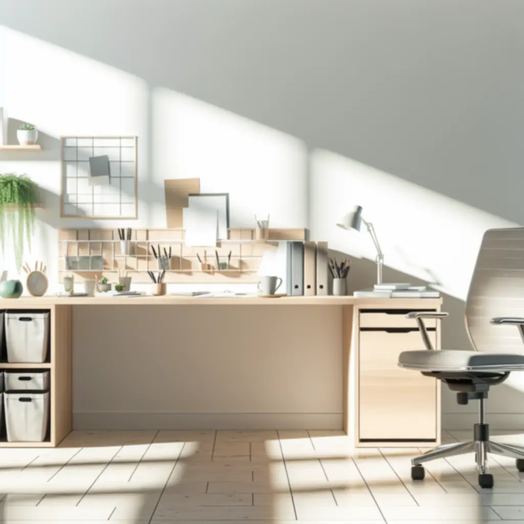 Aranżacja nowoczesnego domowego biura z biurkiem i dodatkami