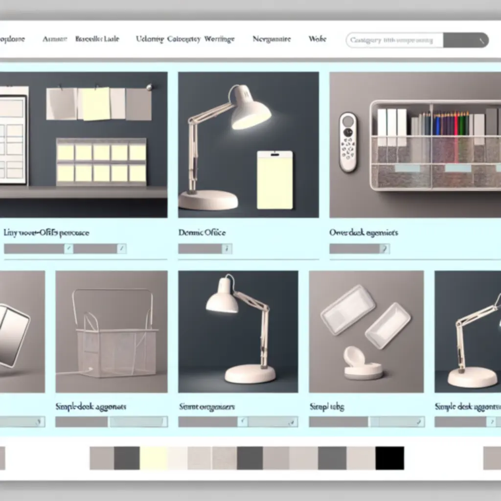 Widok katalogu produktów z uporządkowanymi akcesoriami biurkowymi