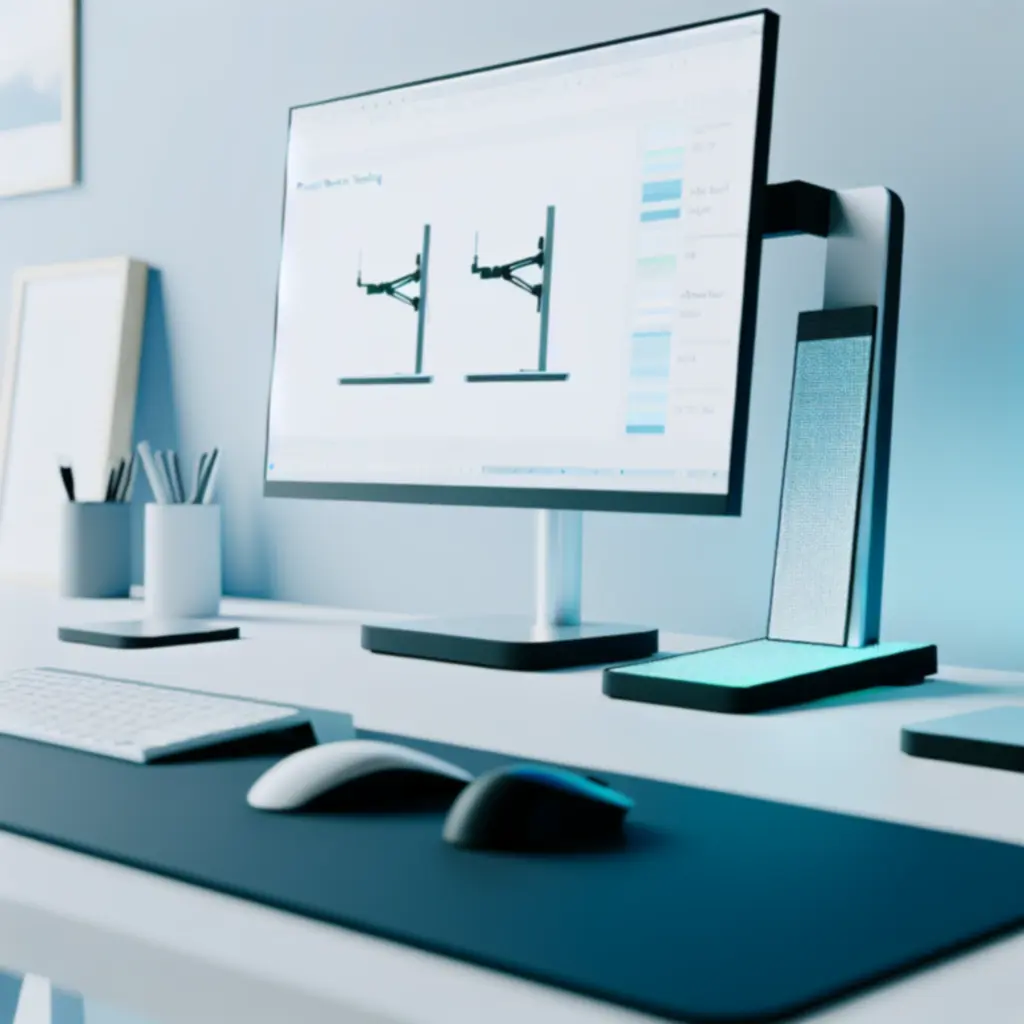 Monitor ustawiony na podstawce z ergonomicznymi akcesoriami na biurku