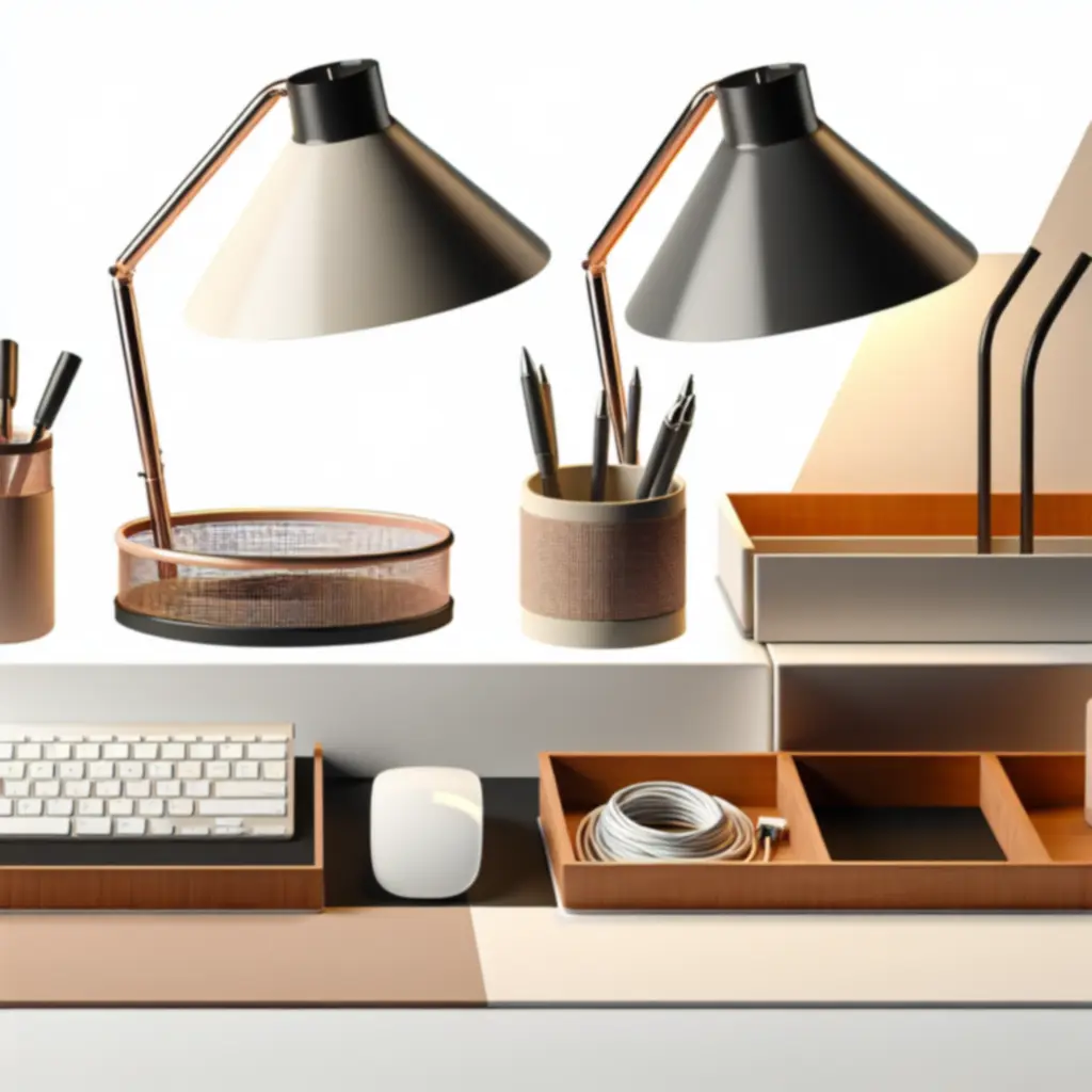 Zestaw powiązanych akcesoriów biurkowych ułożonych obok siebie