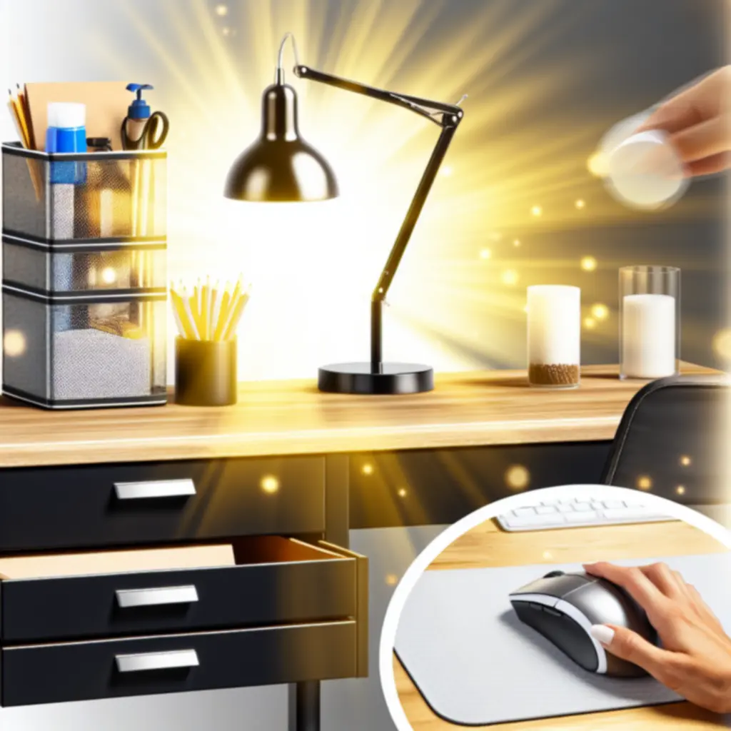 Zestaw wyróżnionych produktów biurowych miesiąca na biurku